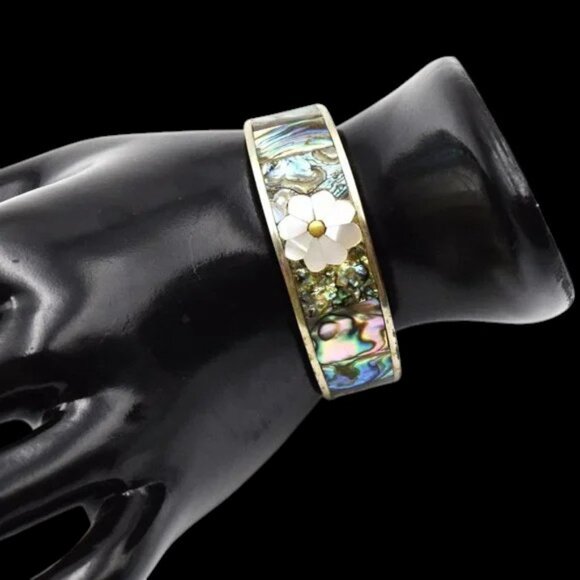 Vintage Flower Abalone MOP Silver Tone Bracelet Hencho En Mexico - Picture 2 of 6